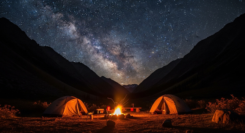 Cozy Campsite Under a Starry Sky in the Mountains