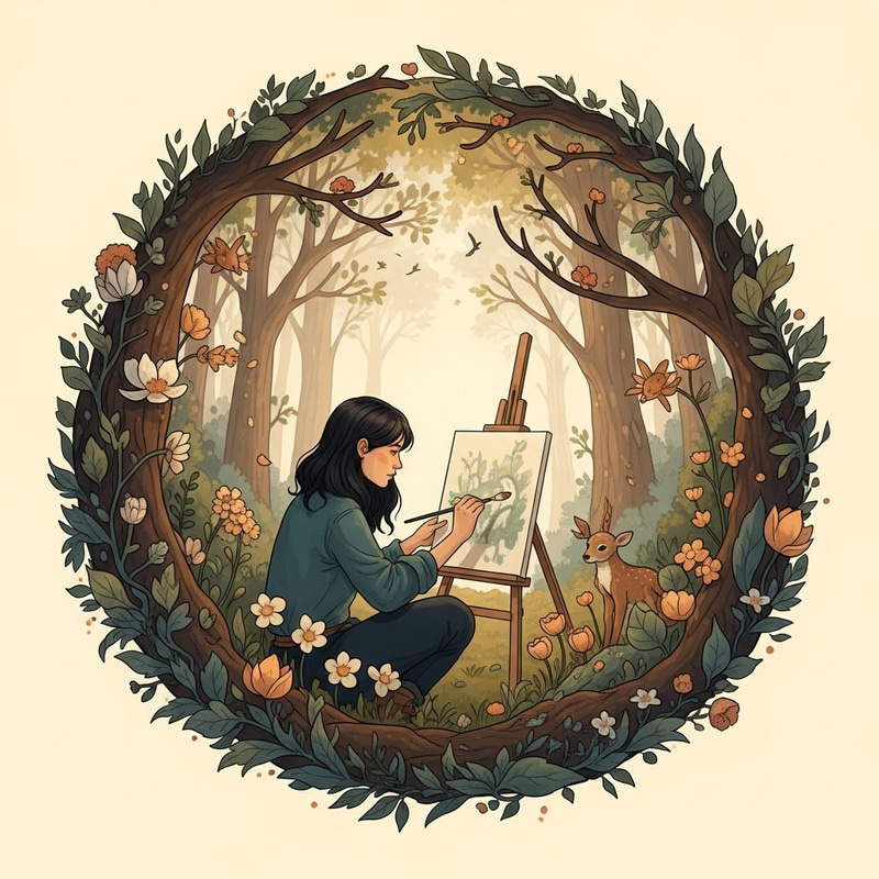 Enchanting Woodland Fairy Tale with Dark-Haired Artist, Forest Creatures & Flowers Enchanting Woodland Fairy Tale with Dark-Haired Artist, Forest Creatures & Flowers