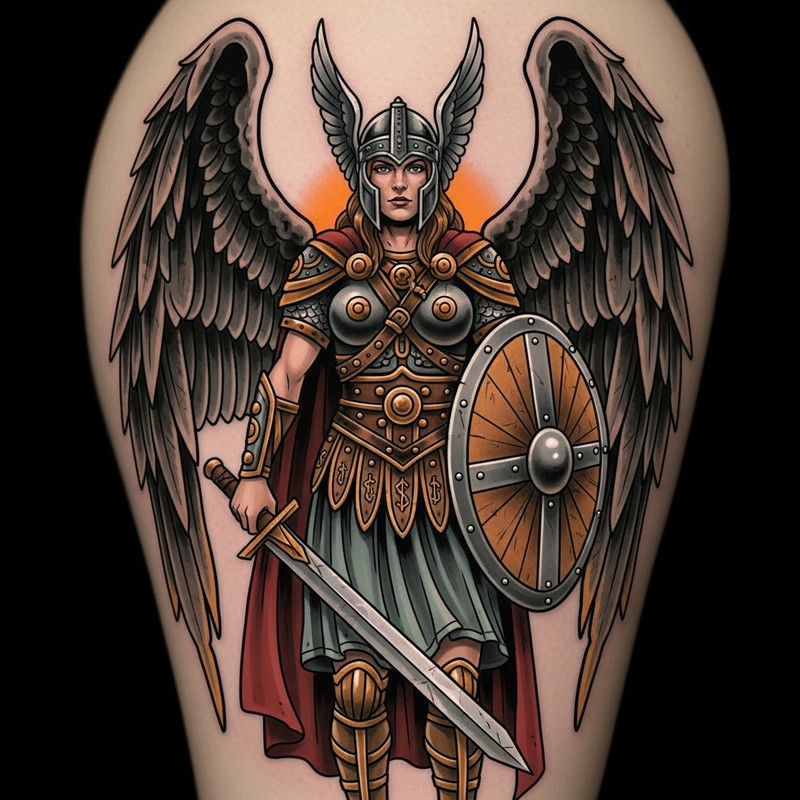 Powerful Neotraditional Valkyrie Tattoo Design