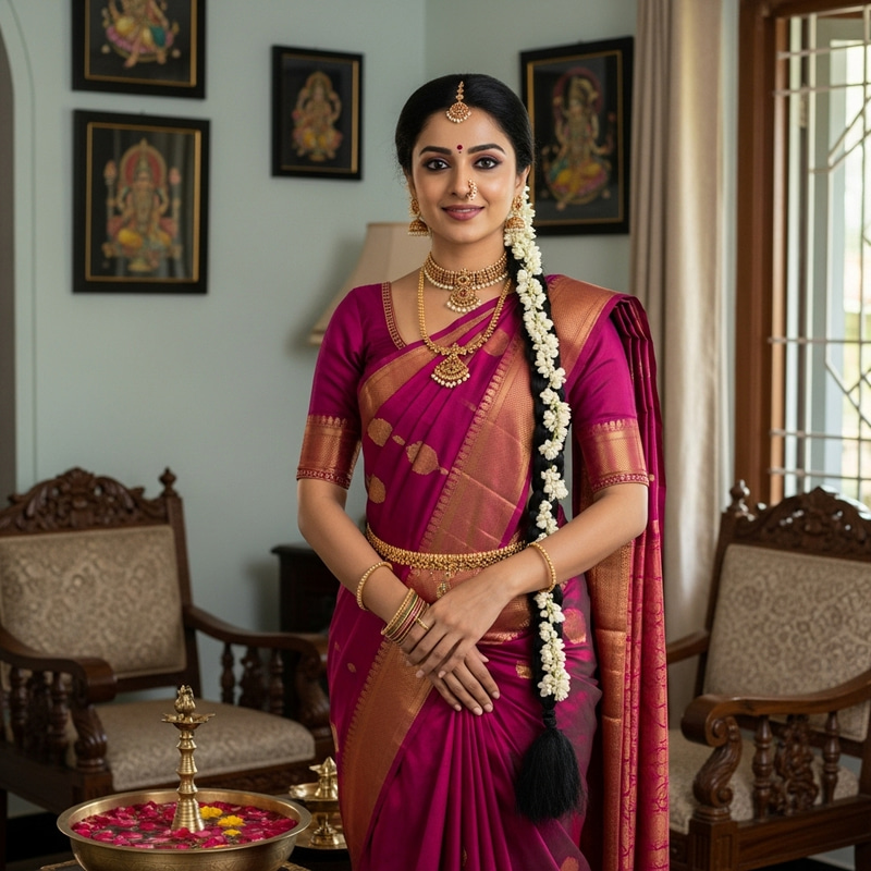 Elegant South Indian Woman in Traditional Silk Saree