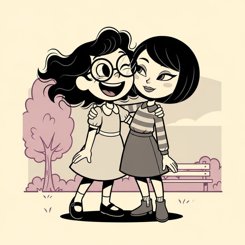 Happy Sisters: Vintage Cartoon Style with Unique Features Happy Sisters: Vintage Cartoon Style with Unique Features