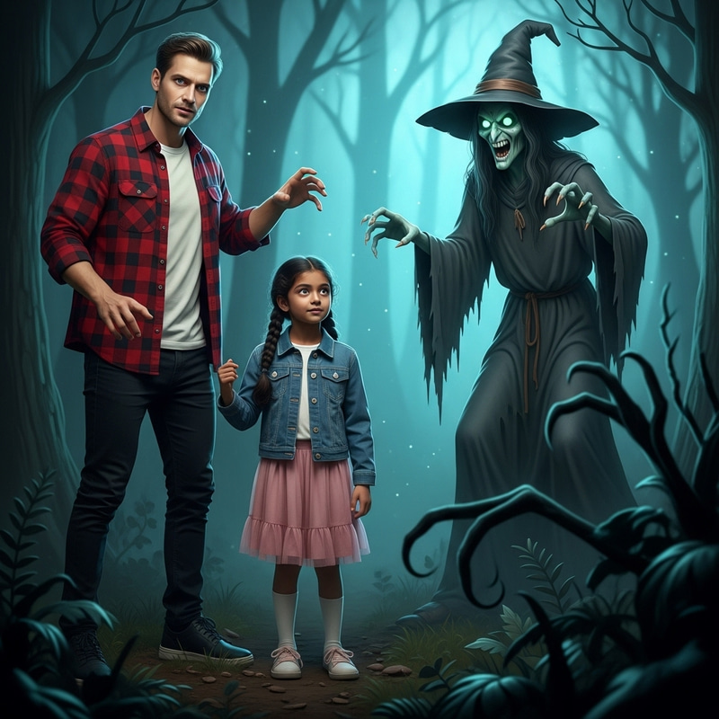 Father and Daughter Face Witch in Dark Forest Father and Daughter Face Witch in Dark Forest