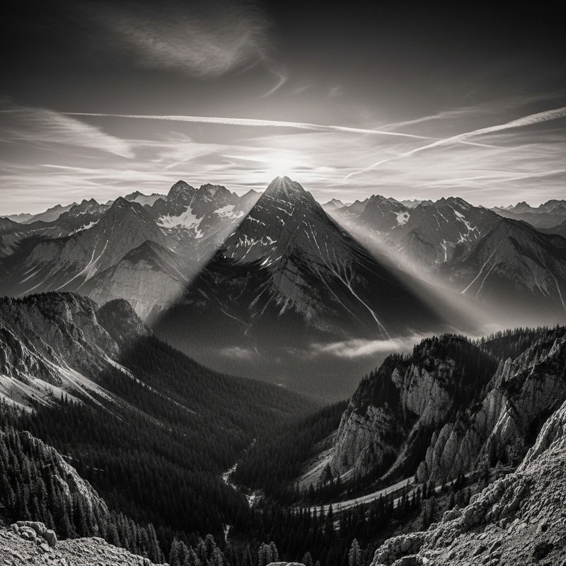 Majestic Sunrise Mountain Range Landscape in Monochrome Majestic Sunrise Mountain Range Landscape in Monochrome