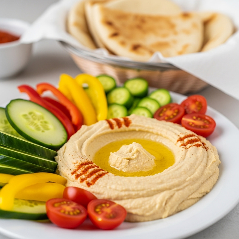 Creamy Hummus on White Plate with Fresh Vegetables & Pita Creamy Hummus on White Plate with Fresh Vegetables & Pita