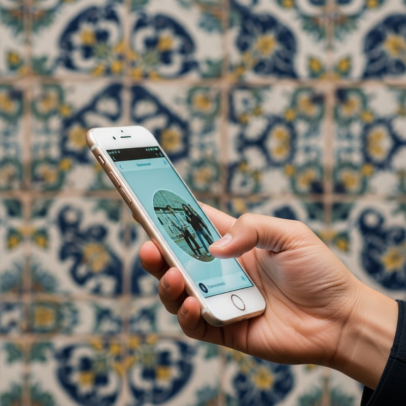 Hand Holding Smartphone: Vintage Tile Tech Hand Holding Smartphone: Vintage Tile Tech