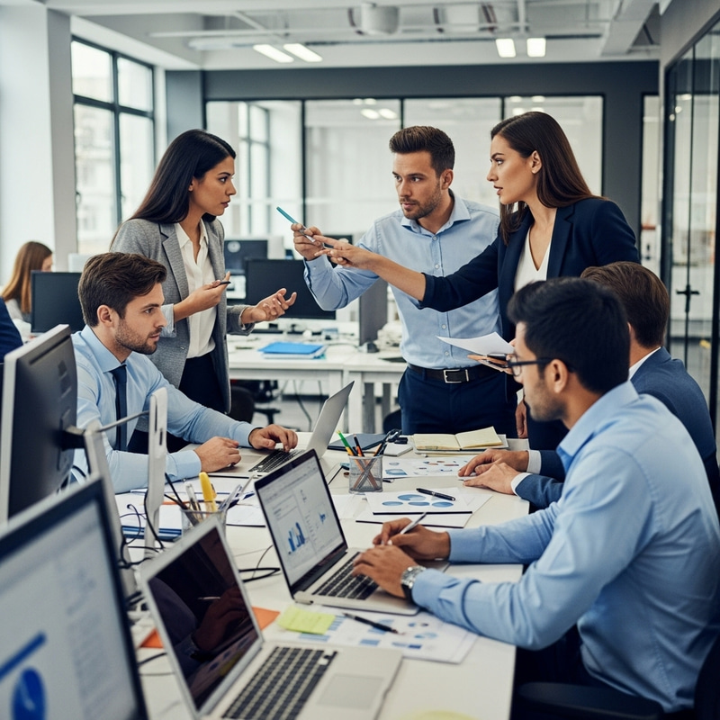 Creating an Office Battle Scene: Diverse Employees Engage in Strategic Conflict Creating an Office Battle Scene: Diverse Employees Engage in Strategic Conflict