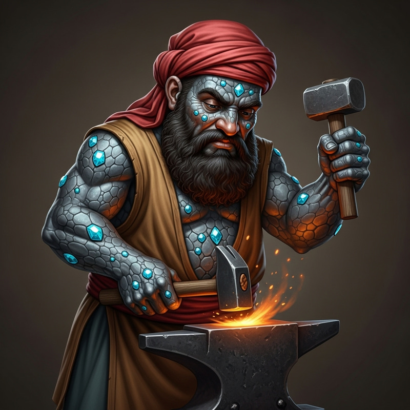 Arabic Dwarf Blacksmith with Diamond-Embedded Stone Texture Skin Arabic Dwarf Blacksmith with Diamond-Embedded Stone Texture Skin