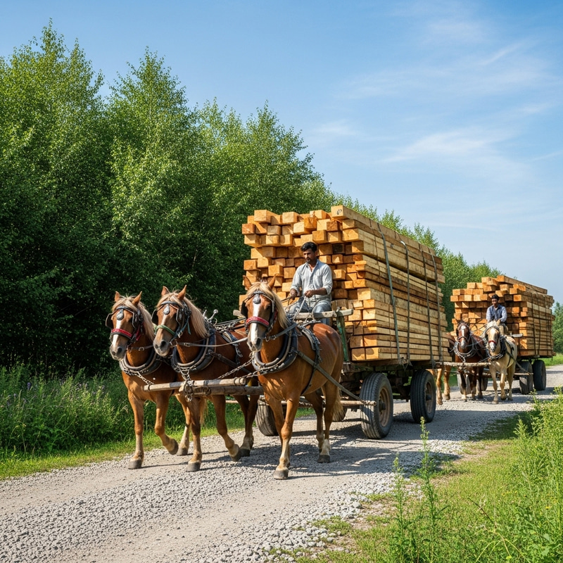 Transporting Wooden Boards with Horses | Lumber Hauling Scene