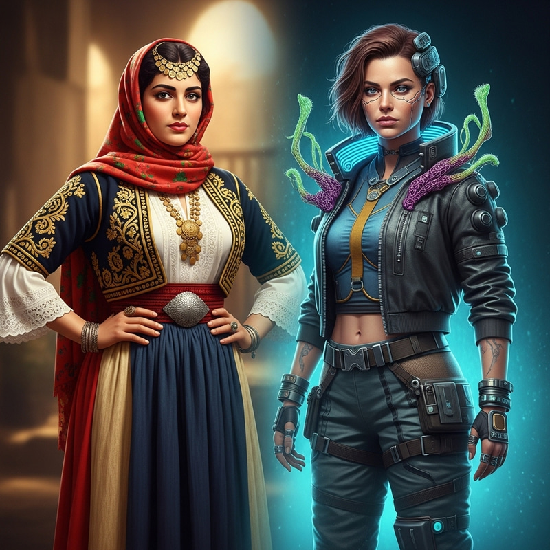 Futuristic Cyberpunk Fusion: Traditional Lebanese vs. Future Woman Futuristic Cyberpunk Fusion: Traditional Lebanese vs. Future Woman