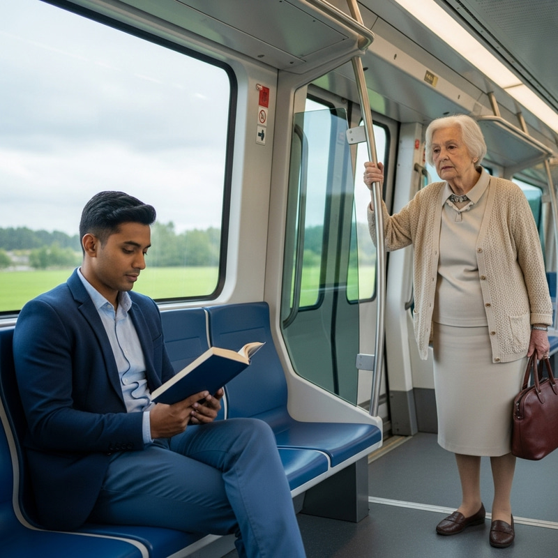 Man Seated in Train Ignoring Elderly Woman | Thought-provoking Image