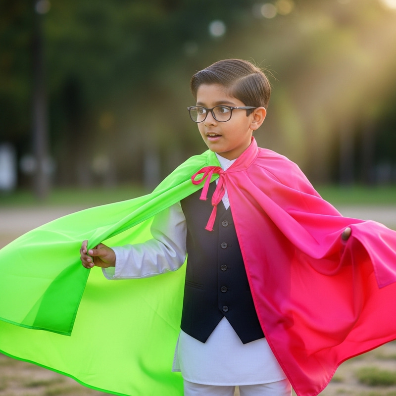 Young Boy in Glasses and Cape - Adventure in the Park Young Boy in Glasses and Cape - Adventure in the Park