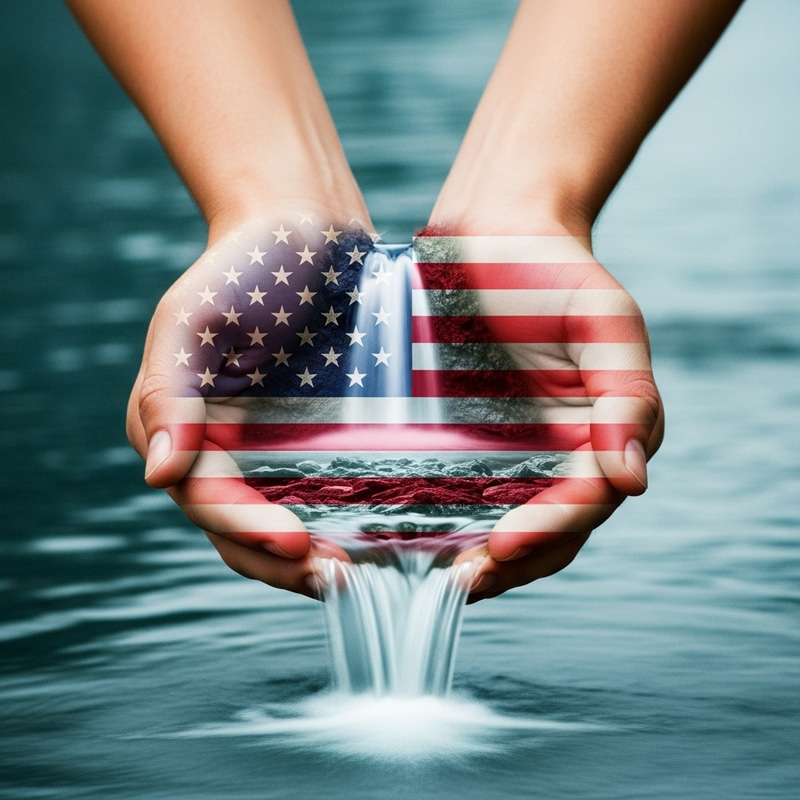 Captivating Waterfall in Cupped Hands with American Flag Pattern Captivating Waterfall in Cupped Hands with American Flag Pattern