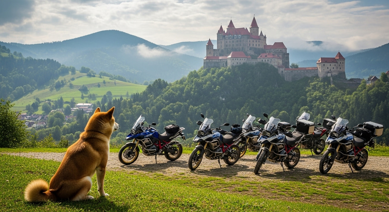 Shiba Inu Dog in Slovakia with Castle and Motorcycles Shiba Inu Dog in Slovakia with Castle and Motorcycles