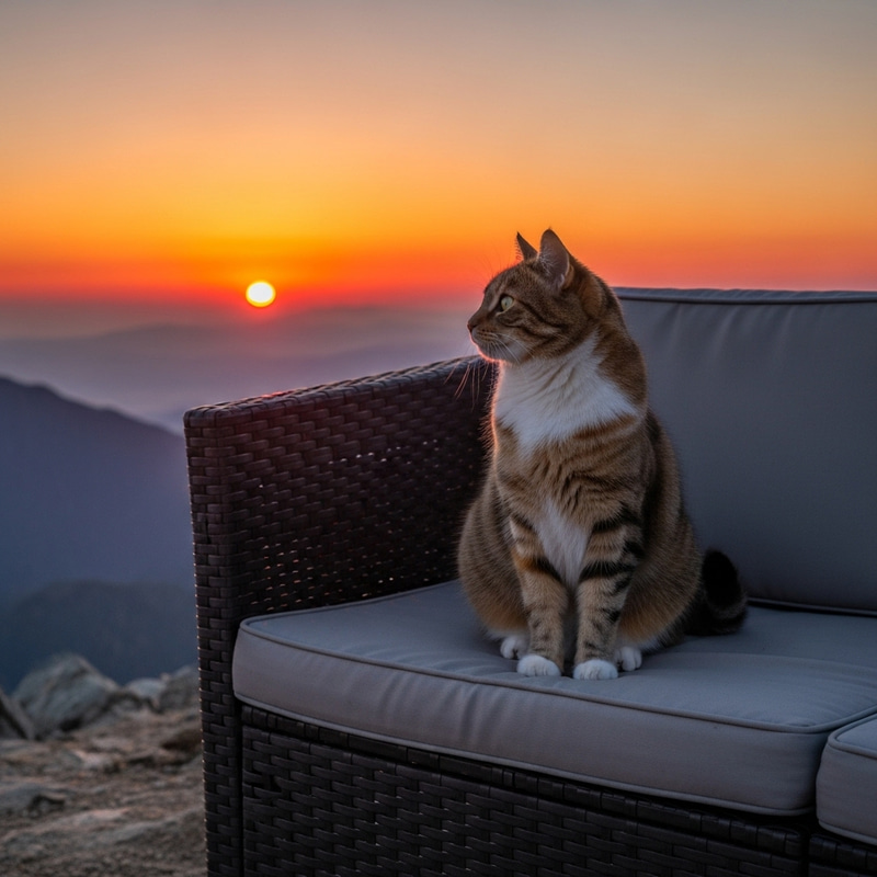 Cat Watching Sunset: Mountain Peak Scenic View