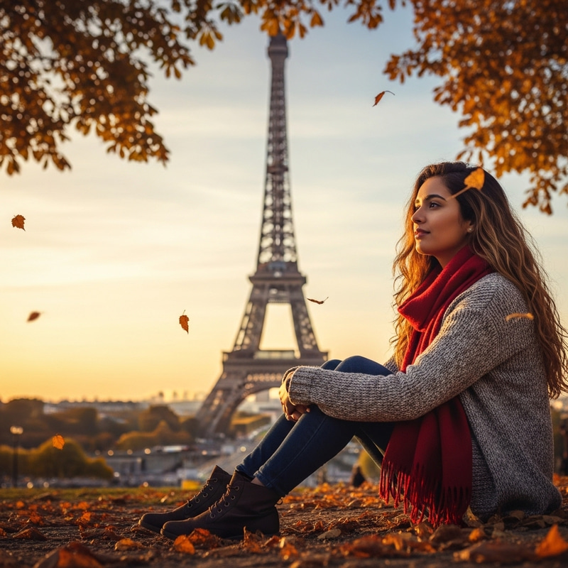 Autumn Romance: Girl at Eiffel Tower Autumn Romance: Girl at Eiffel Tower