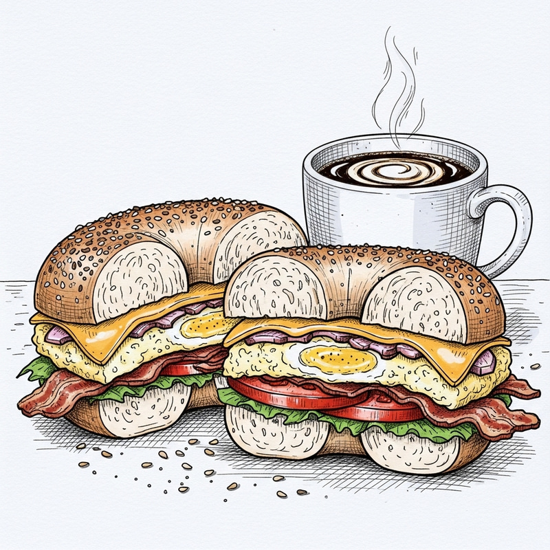 Bagel Breakfast Sandwich & Coffee Sketch Bagel Breakfast Sandwich & Coffee Sketch