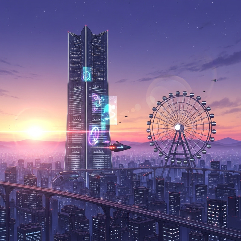 Romantic Futuristic Anime Landscape with Skyscraper & Ferris Wheel Romantic Futuristic Anime Landscape with Skyscraper & Ferris Wheel