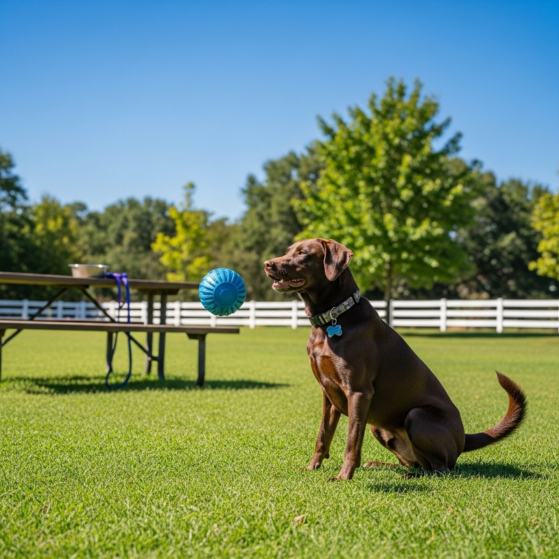 Playful Brown Dog at the Park with a Blue Ball
