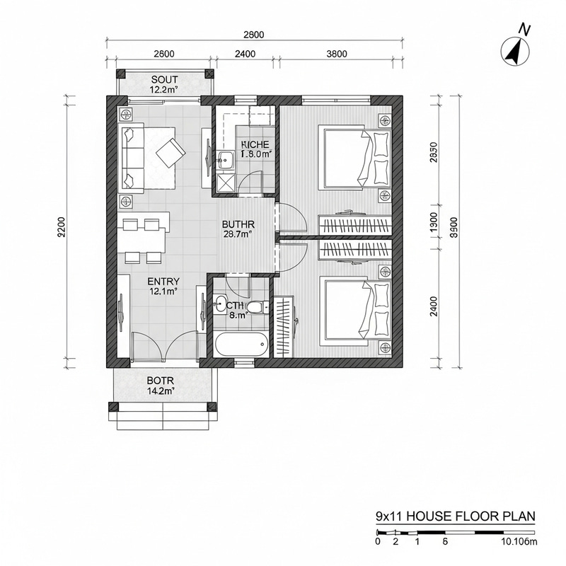 Home Design Plan: Spacious 2-Bedroom House 9x11 with Bath