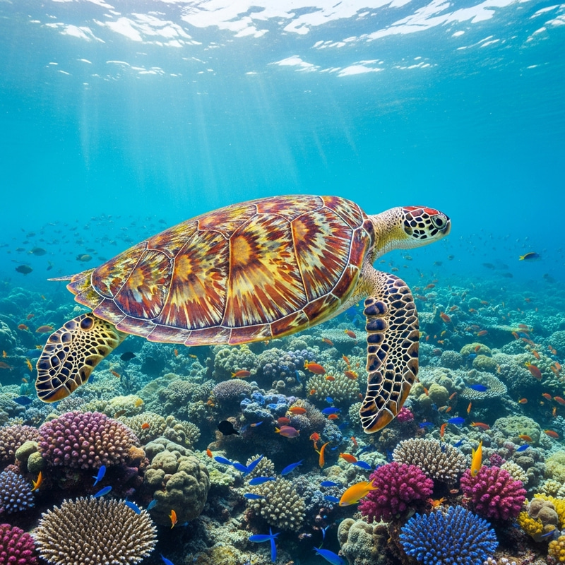 Graceful Sea Turtle Among Colorful Corals Graceful Sea Turtle Among Colorful Corals