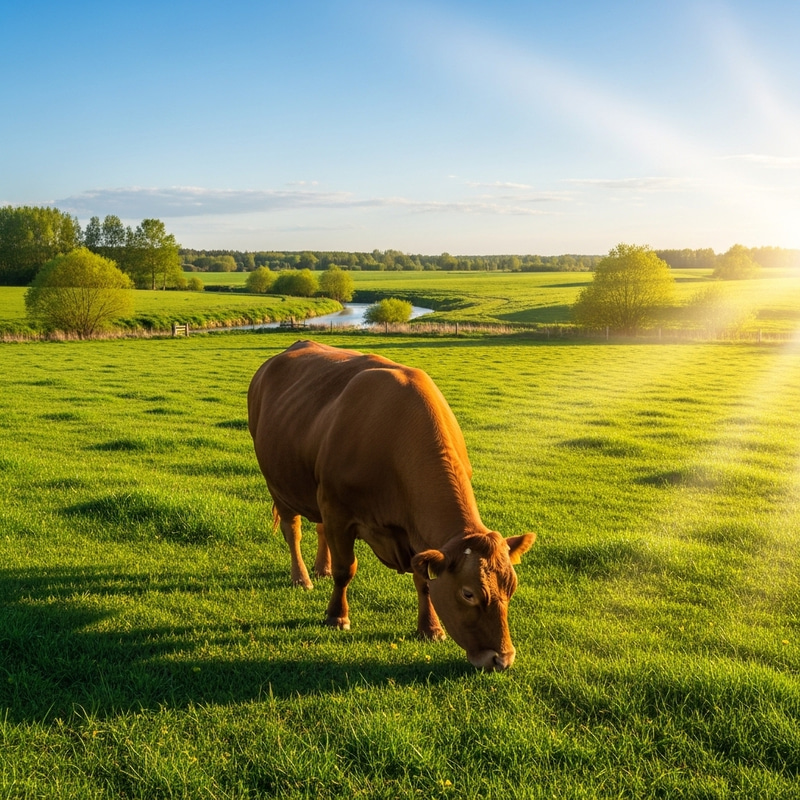 Tranquil Brown Cow Grazing in Lush Meadow Tranquil Brown Cow Grazing in Lush Meadow