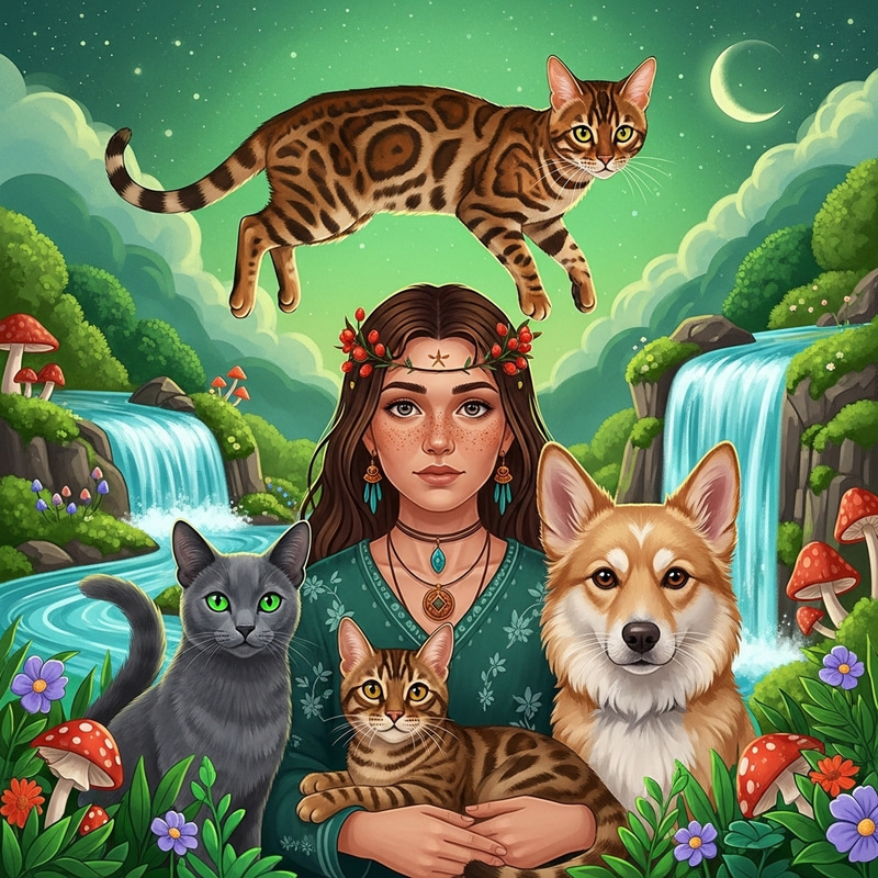 Mystical Encounter with Bengal Cats and a Fluffy Dog in Green Tone Environment Mystical Encounter with Bengal Cats and a Fluffy Dog in Green Tone Environment