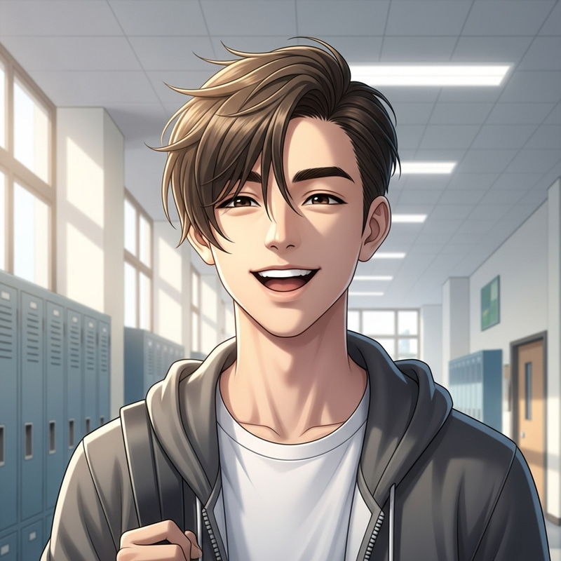 Cheerful High School Boy with 7:3 Hair Parting Style