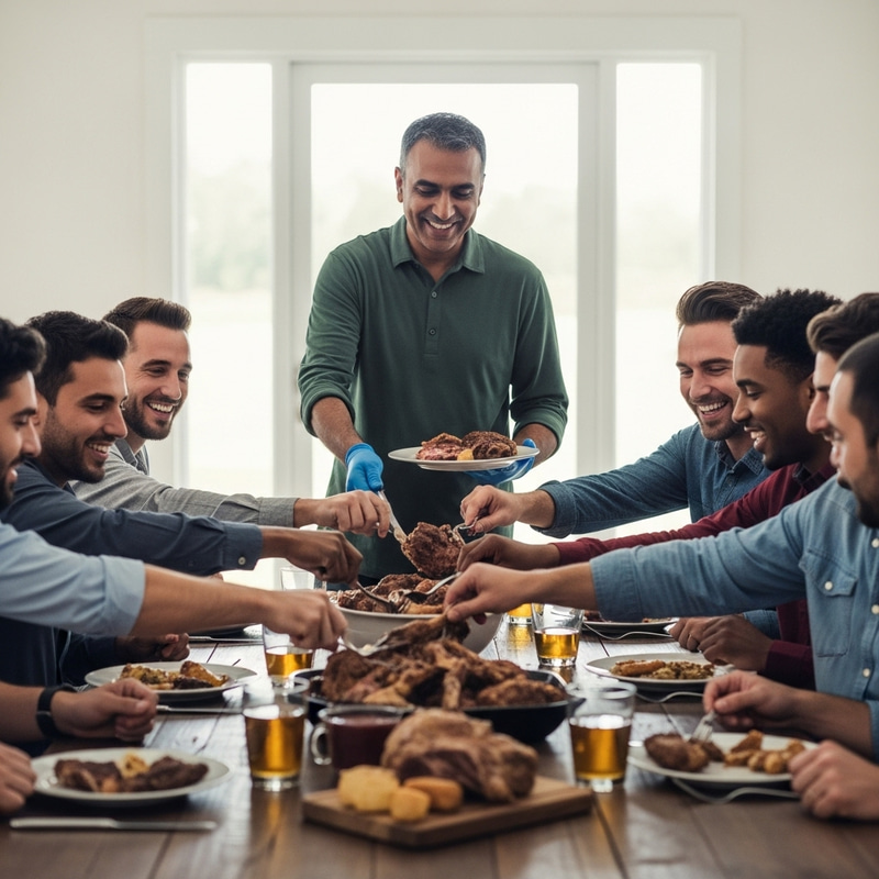 Diverse Men Indulging in Hearty Meal at Rustic Table Diverse Men Indulging in Hearty Meal at Rustic Table