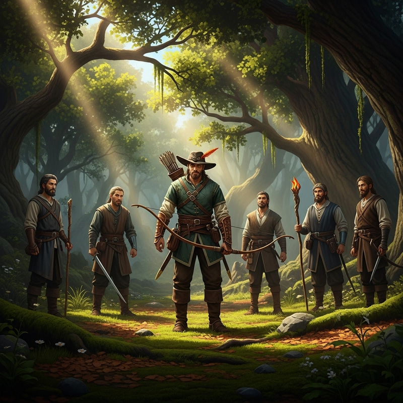 Robin Hood - Legendary Archer Leading Outlaws in the Forest Robin Hood - Legendary Archer Leading Outlaws in the Forest