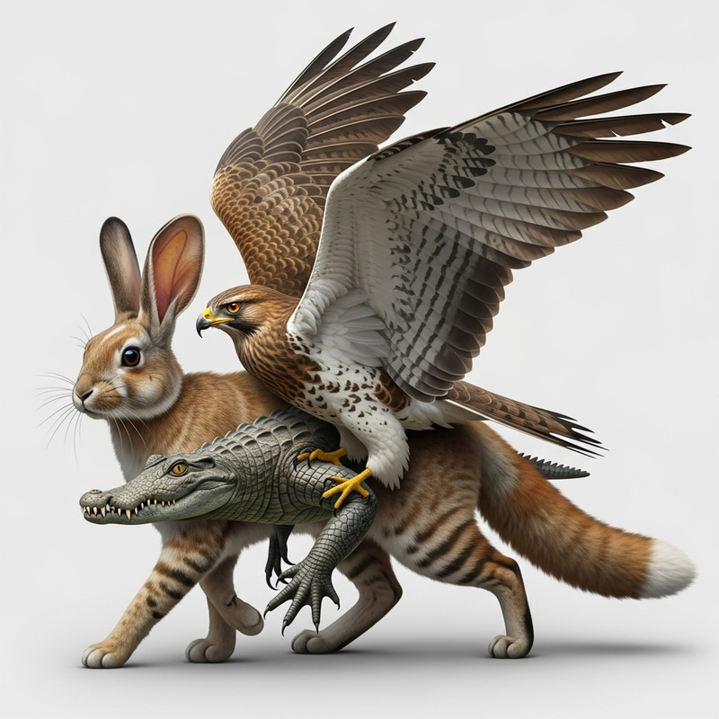 Hybrid Creature: Rabbit, Cat, Crocodile, Hawk, Fox Features Hybrid Creature: Rabbit, Cat, Crocodile, Hawk, Fox Features