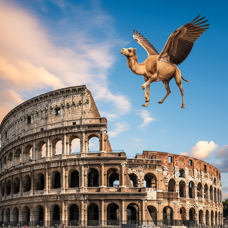 Majestic Camel Flying Above Rome Colosseum in 8K Beauty Majestic Camel Flying Above Rome Colosseum in 8K Beauty