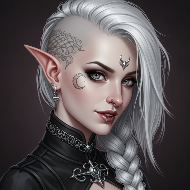 Beautiful Fantasy Goth Woman with Braided White Hair and Silver Moon Tattoo Beautiful Fantasy Goth Woman with Braided White Hair and Silver Moon Tattoo