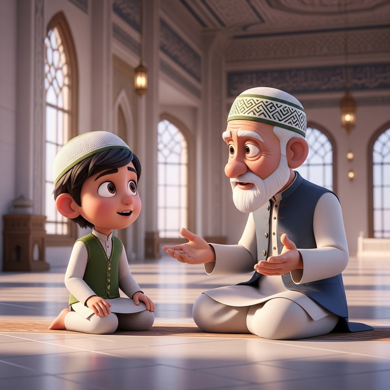 3D Pixar Cartoon: South Asian Boy & Grandfather in Mosque 3D Pixar Cartoon: South Asian Boy & Grandfather in Mosque