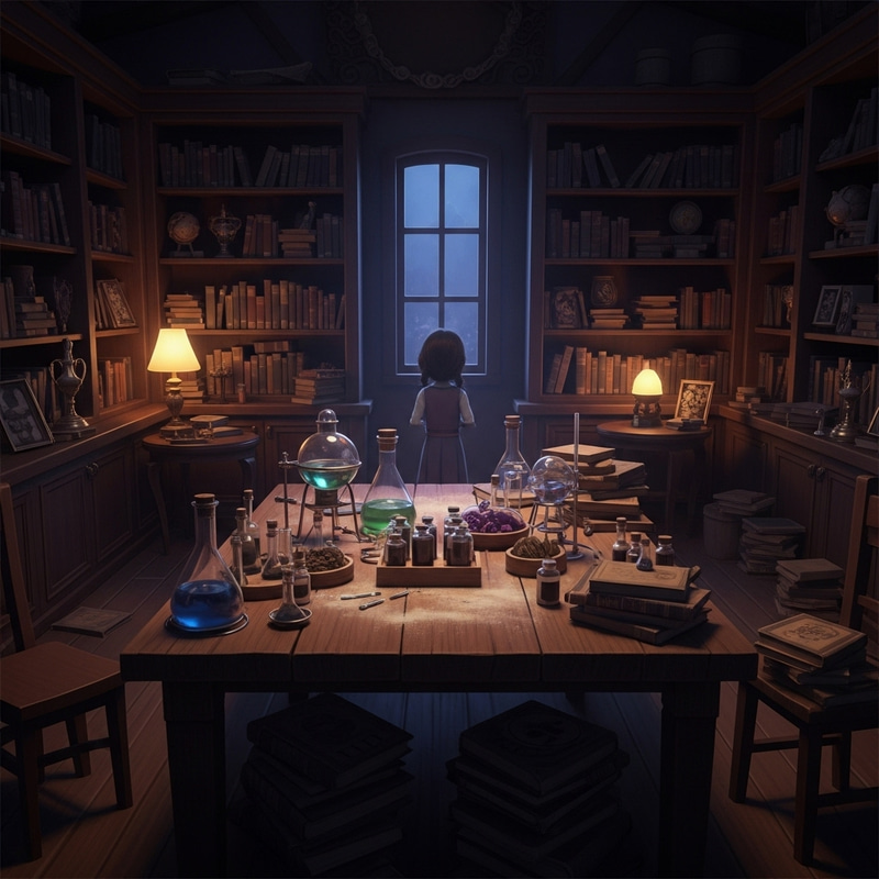 Enchanted Cozy Library with Alchemy Table and Vintage Books