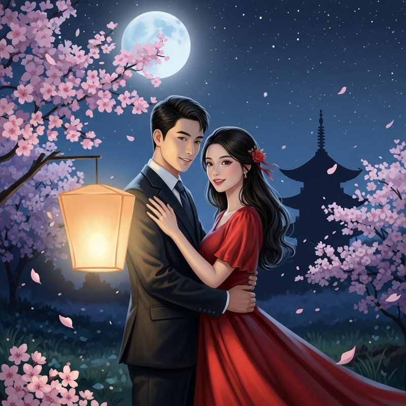 Romantic Asian Couple Painting in Moonlit Garden