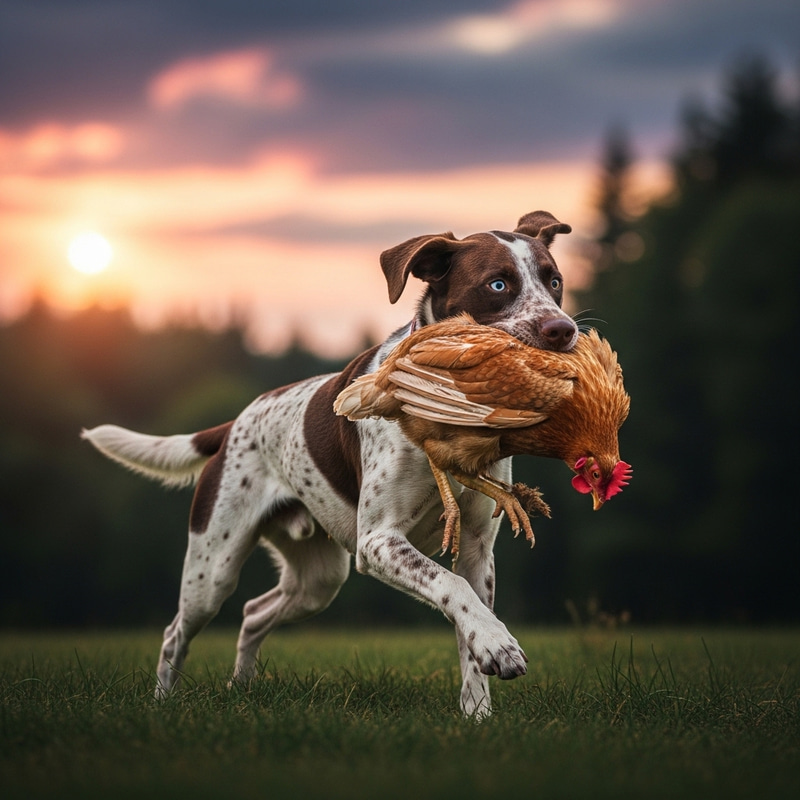 Playful Dog Grabs Chicken in Sunset Scene