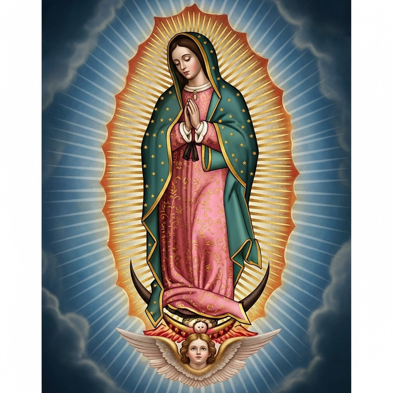 Detailed Depiction of Virgen de Guadalupe in Heavenly Light