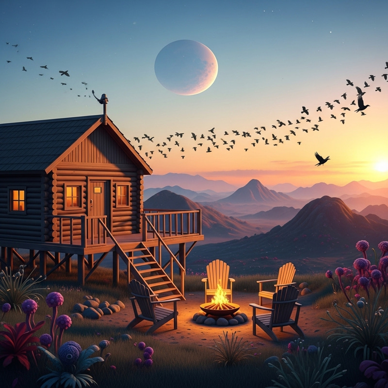 Realistic Cabin with Otherworldly Landscape View