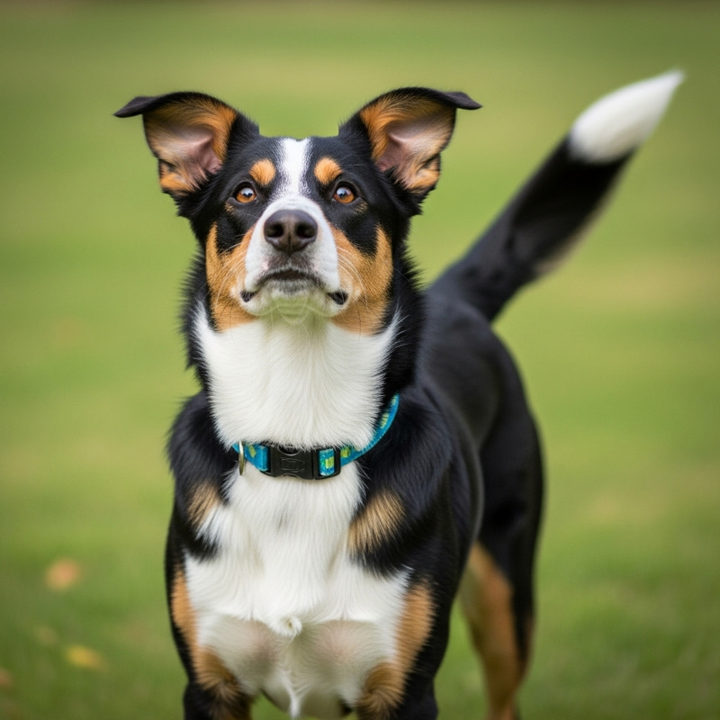 Adorable Medium-Sized Three-Colored Dog Outdoors Adorable Medium-Sized Three-Colored Dog Outdoors