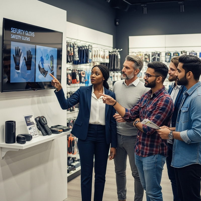 Security Gadgets Store: Customers Engaged with Safety Gloves Display on Smart TV Security Gadgets Store: Customers Engaged with Safety Gloves Display on Smart TV