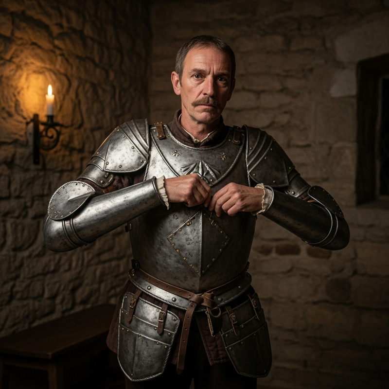 Don Quijote Adjusting Rustic Silver Armor in Dusty Room Don Quijote Adjusting Rustic Silver Armor in Dusty Room