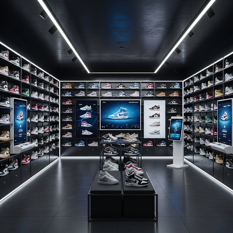 AI-Style Sneaker Store Design in Dark Style - Wide Variety of Sneakers AI-Style Sneaker Store Design in Dark Style - Wide Variety of Sneakers