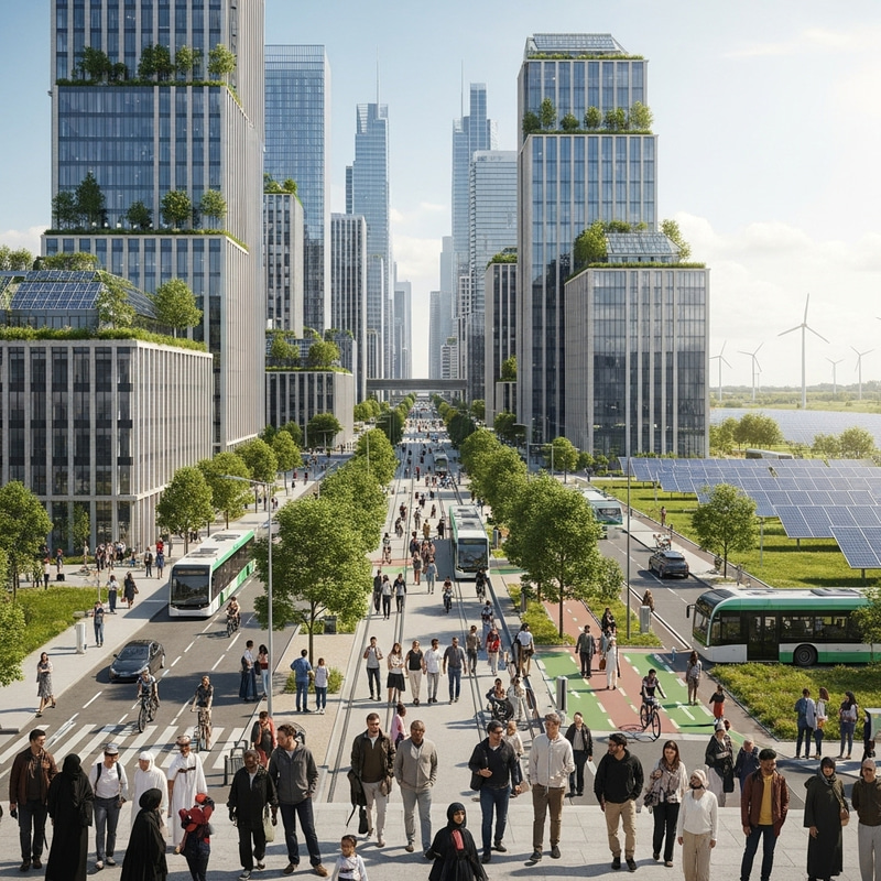 Ideal Green Cityscape with Diverse Residents & Sustainable Infrastructure Ideal Green Cityscape with Diverse Residents & Sustainable Infrastructure