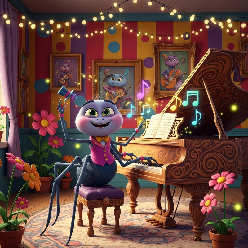 Whimsical Spider Playing Grand Piano in Lively Room Whimsical Spider Playing Grand Piano in Lively Room