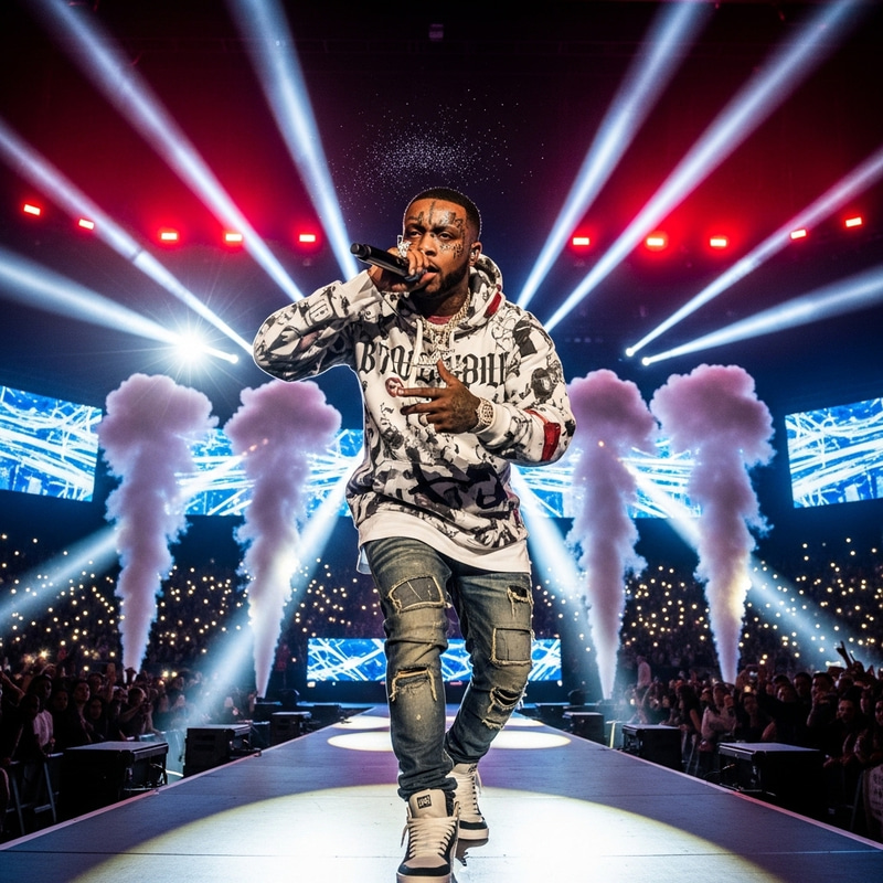 Fat 21 Savage | Vibrant Rapper in Urban Street Fashion on Stage Fat 21 Savage | Vibrant Rapper in Urban Street Fashion on Stage