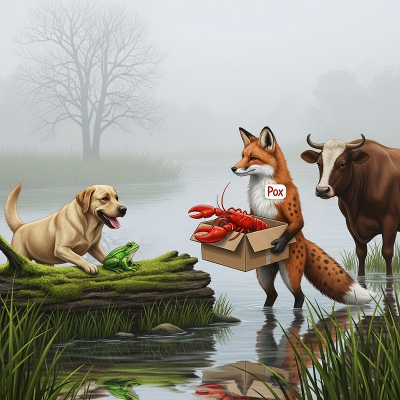 Whimsical Wildlife Scene: Dog, Frog, Fox, Lobster, Ox in Bog Whimsical Wildlife Scene: Dog, Frog, Fox, Lobster, Ox in Bog