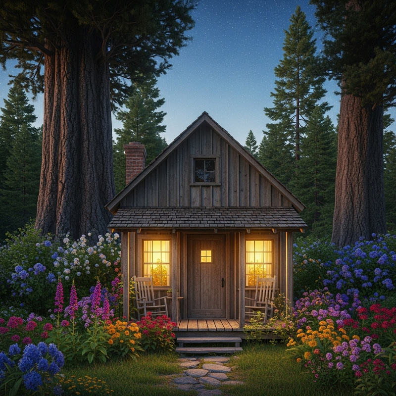 Enchanting Twilight Cabin Surrounded by Flowers and Trees