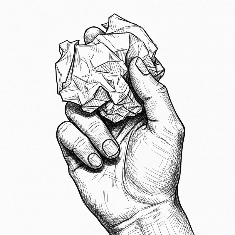 Hand Holding Crumpled Paper Sketch - Detailed Artwork