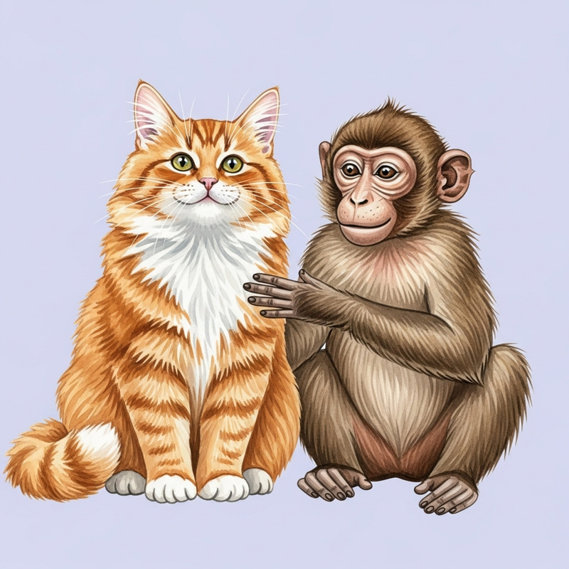 Happy Cat & Monkey Smiling in Friendship Painting Happy Cat & Monkey Smiling in Friendship Painting