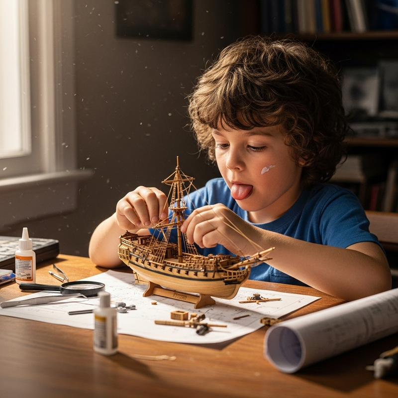 Curly-Haired Boy Building Ship - Childhood Adventure Curly-Haired Boy Building Ship - Childhood Adventure